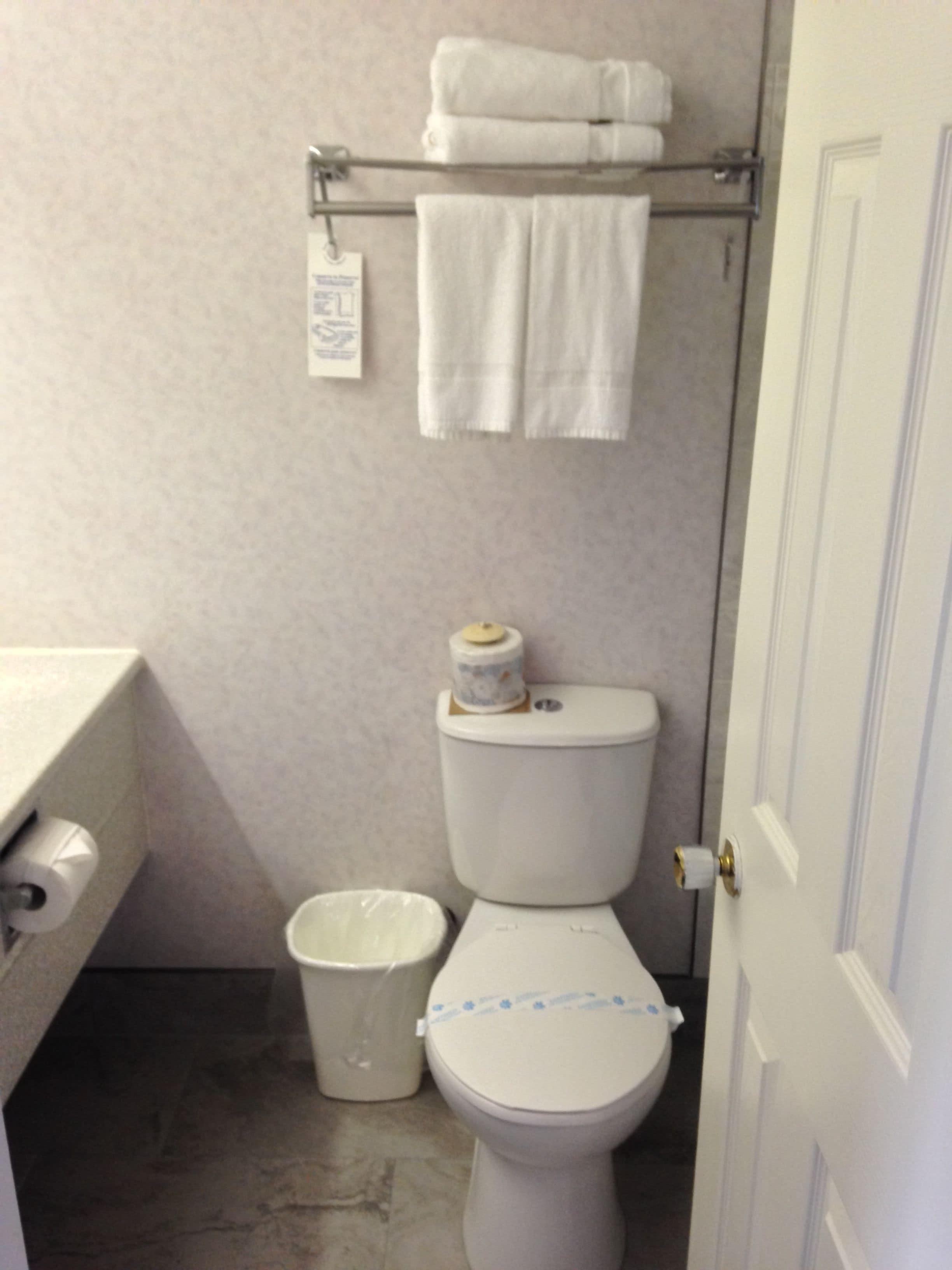 A small bathroom with a toilet, a trash bin, and a towel rack with folded towels.