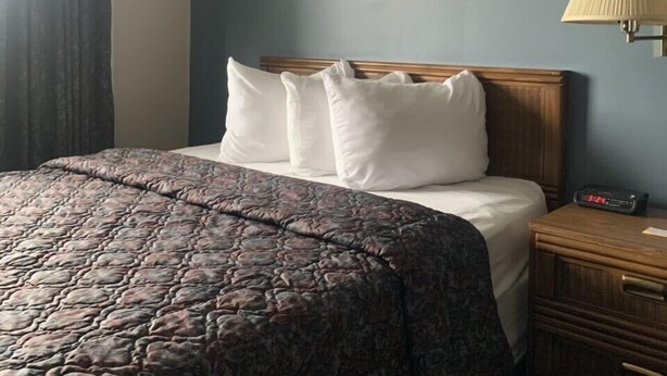 A hotel room with a bed, a nightstand, a lamp, and a framed picture on the wall.