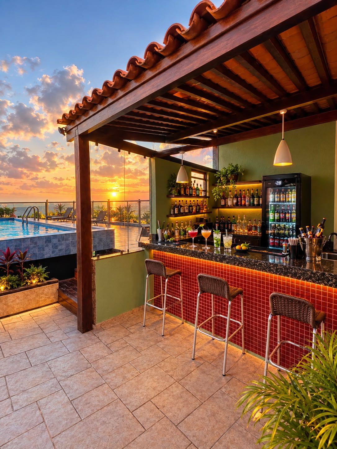 A rooftop bar with a pool, bar stools, and a bar stocked with bottles.