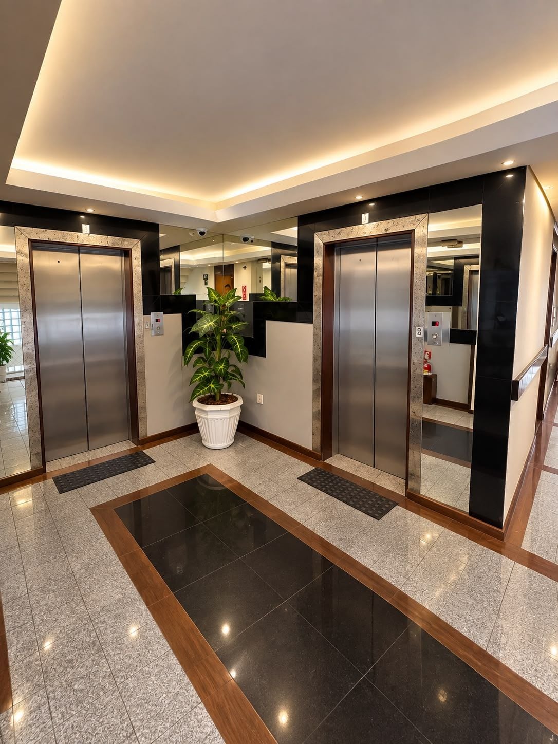 Un área de ascensores moderna con dos ascensores, una planta en maceta y un piso de baldosas impecable.