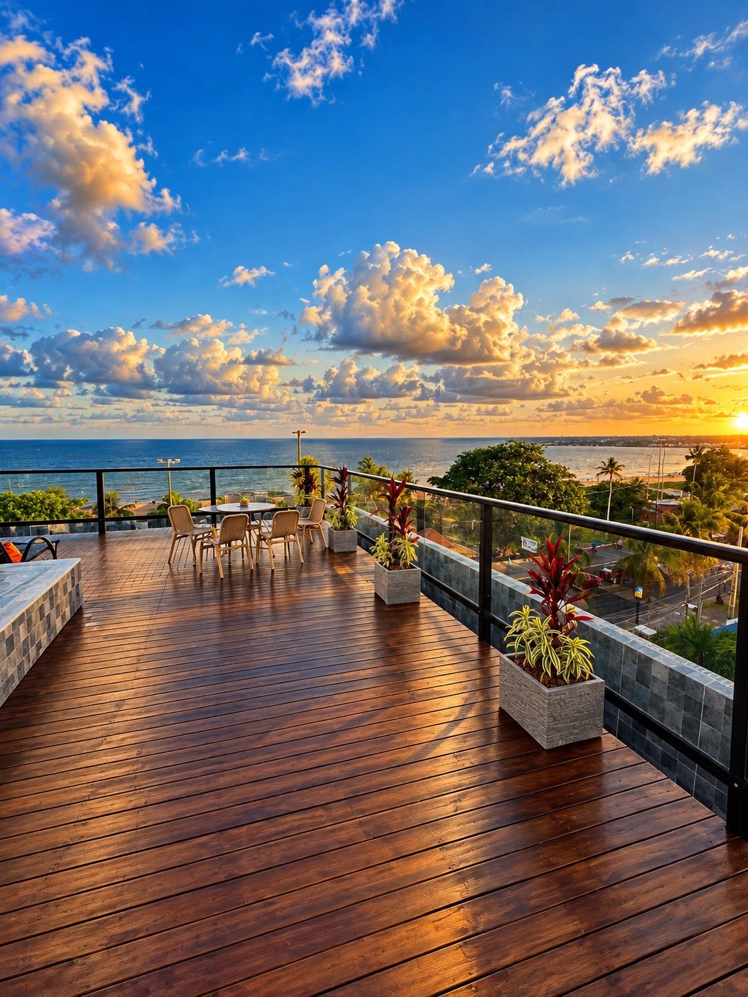 A wooden deck with outdoor seating and potted plants, overlooking a body of water and a cityscape.