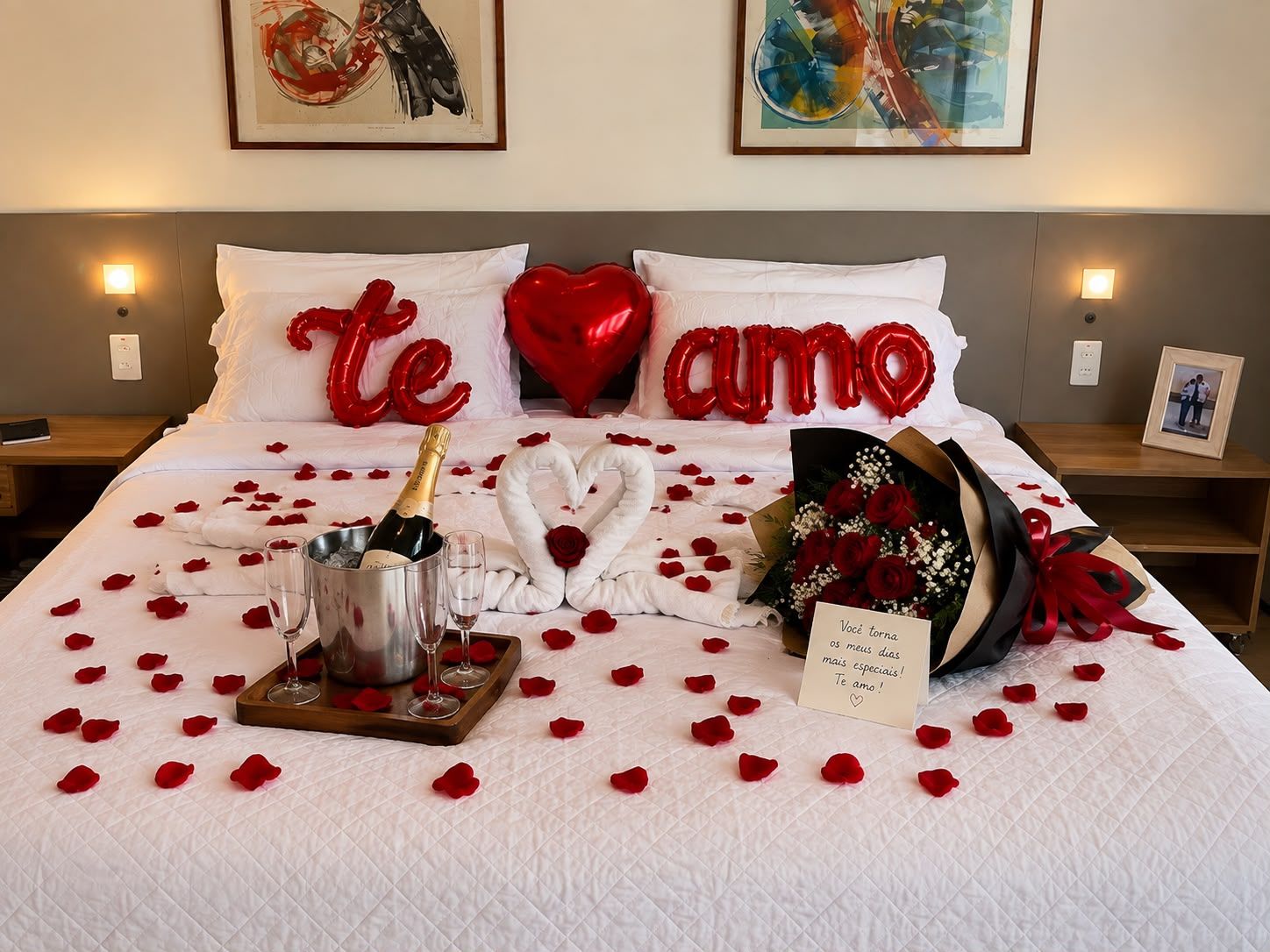 A bed with red heart-shaped balloons, a bouquet of roses, a champagne bottle, and a note.