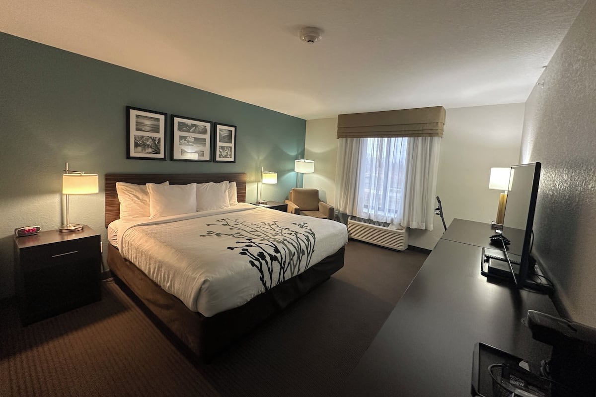 A hotel room with a bed, bedside tables, lamps, a desk with a chair, a television, and framed pictures on the wall.