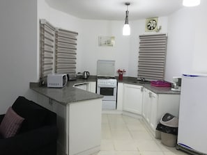 Apartment, 1 Bedroom 006 | Dapur pribadi | Lemari es besar, microwave, oven, dan kompor