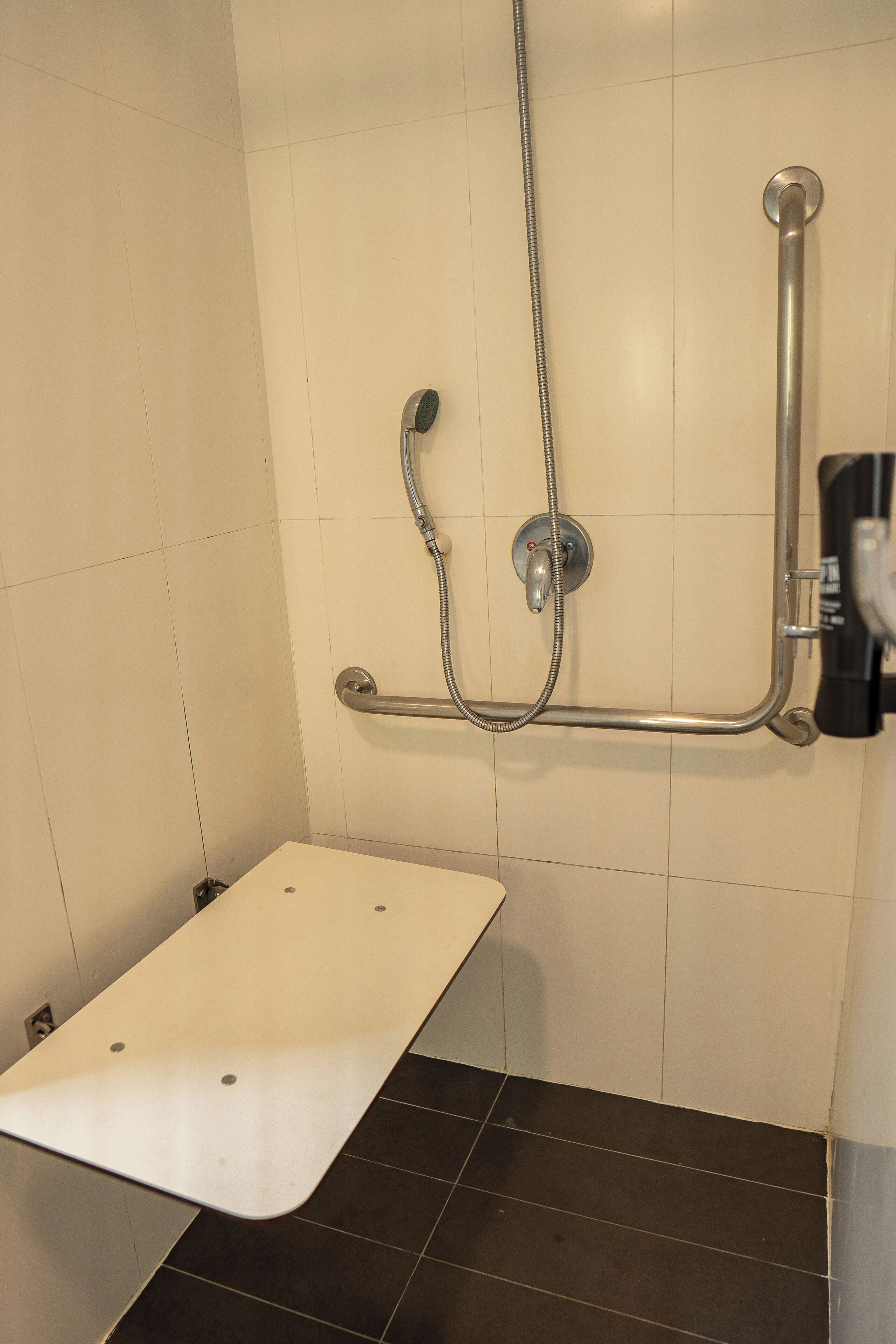 A shower area with a grab bar, a handheld showerhead, and a wall-mounted faucet.