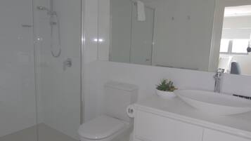 A modern bathroom with a glass-enclosed shower, a toilet, a sink with a mirror above it, and a small potted plant on the sink.