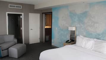 Una habitación de hotel con cama, sofá, escritorio con teléfono y armario.