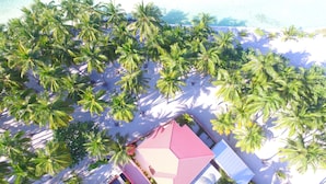 Vista aérea de una playa con palmeras y un edificio de techo rojo.