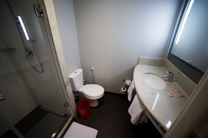A bathroom with a glass shower enclosure, a toilet, a sink with a mirror, and a red bucket. - ibis Arapiraca (Arapiraca)