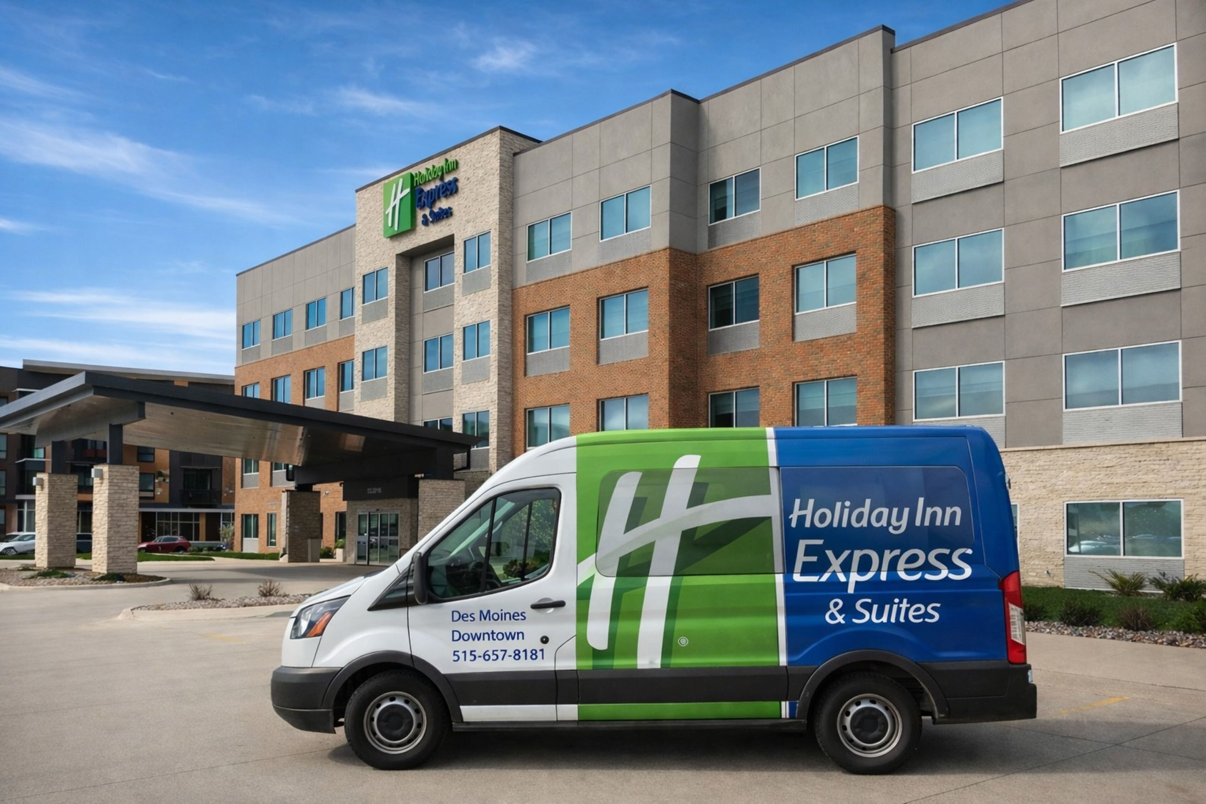 Una camioneta Holiday Inn Express & Suites estacionada frente a un hotel de diseño moderno, con varios pisos y una entrada cubierta.