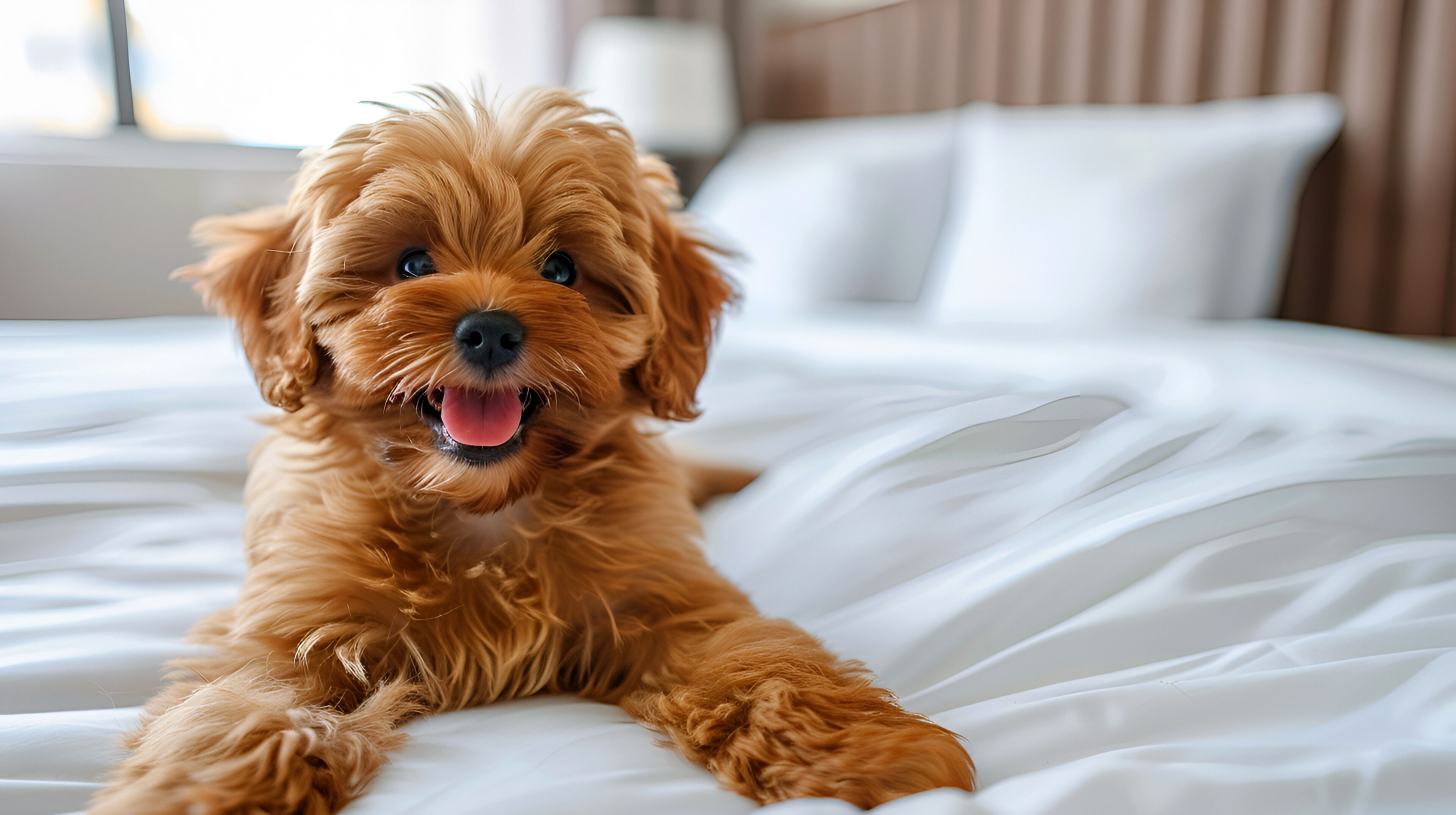 Un chien allongé sur un lit avec une literie blanche et une tête de lit en bois.