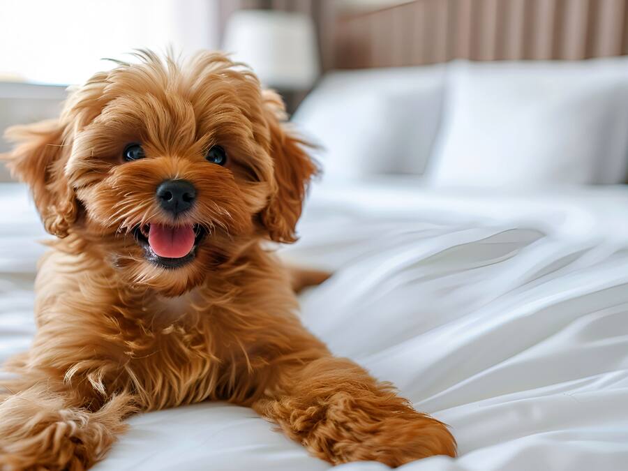 Un chien allongé sur un lit avec une literie blanche et une tête de lit en bois.