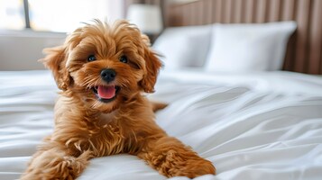 Un perro recostado sobre una cama con ropa blanca y un cabecero de madera.