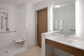 A modern bathroom with a shower, a vanity with a mirror, and a toilet. - Holiday Inn Express & Suites Des Moines Downtown by IHG (Des Moines)
