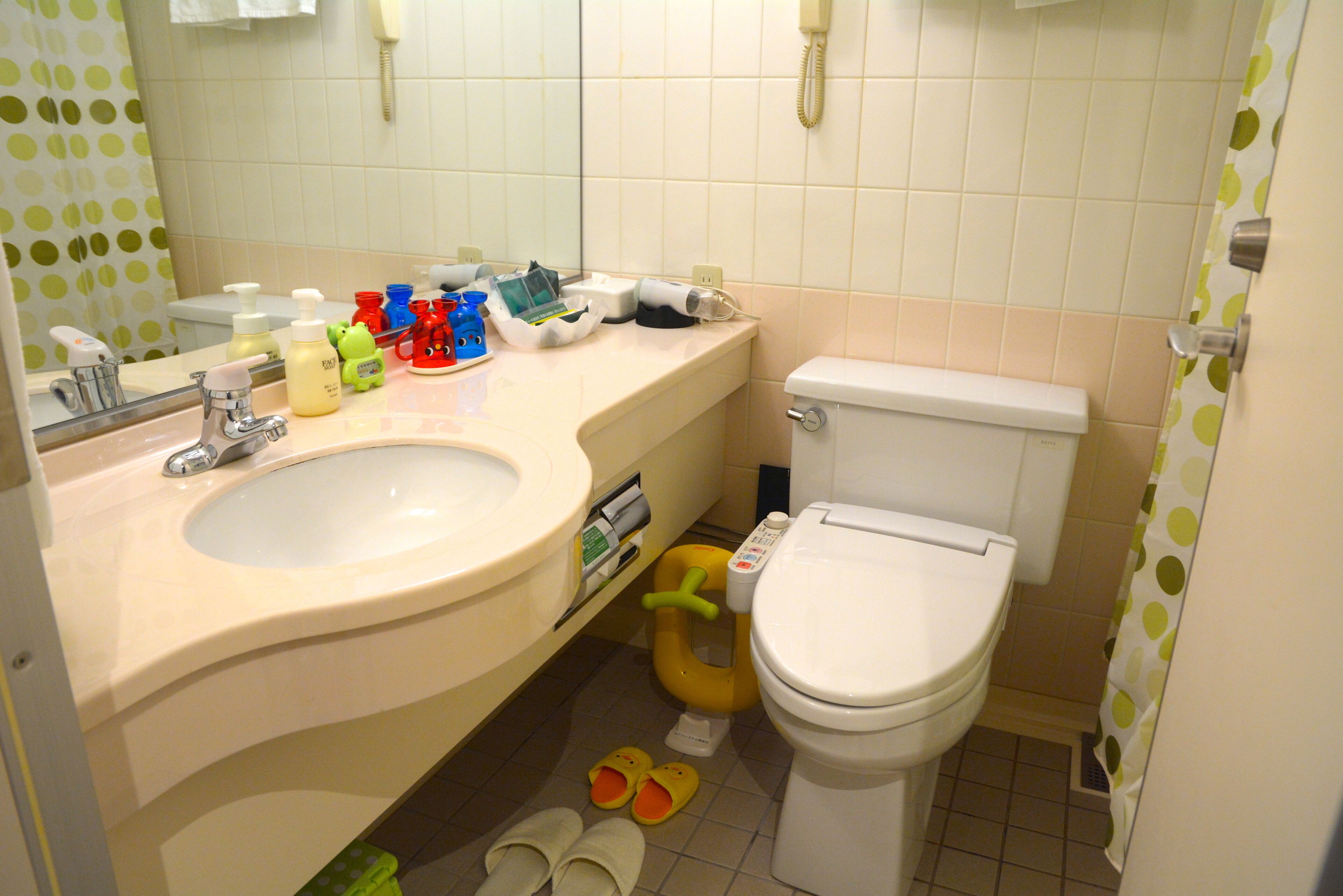 combined shower/bathtub, free toiletries, hair dryer, slippers