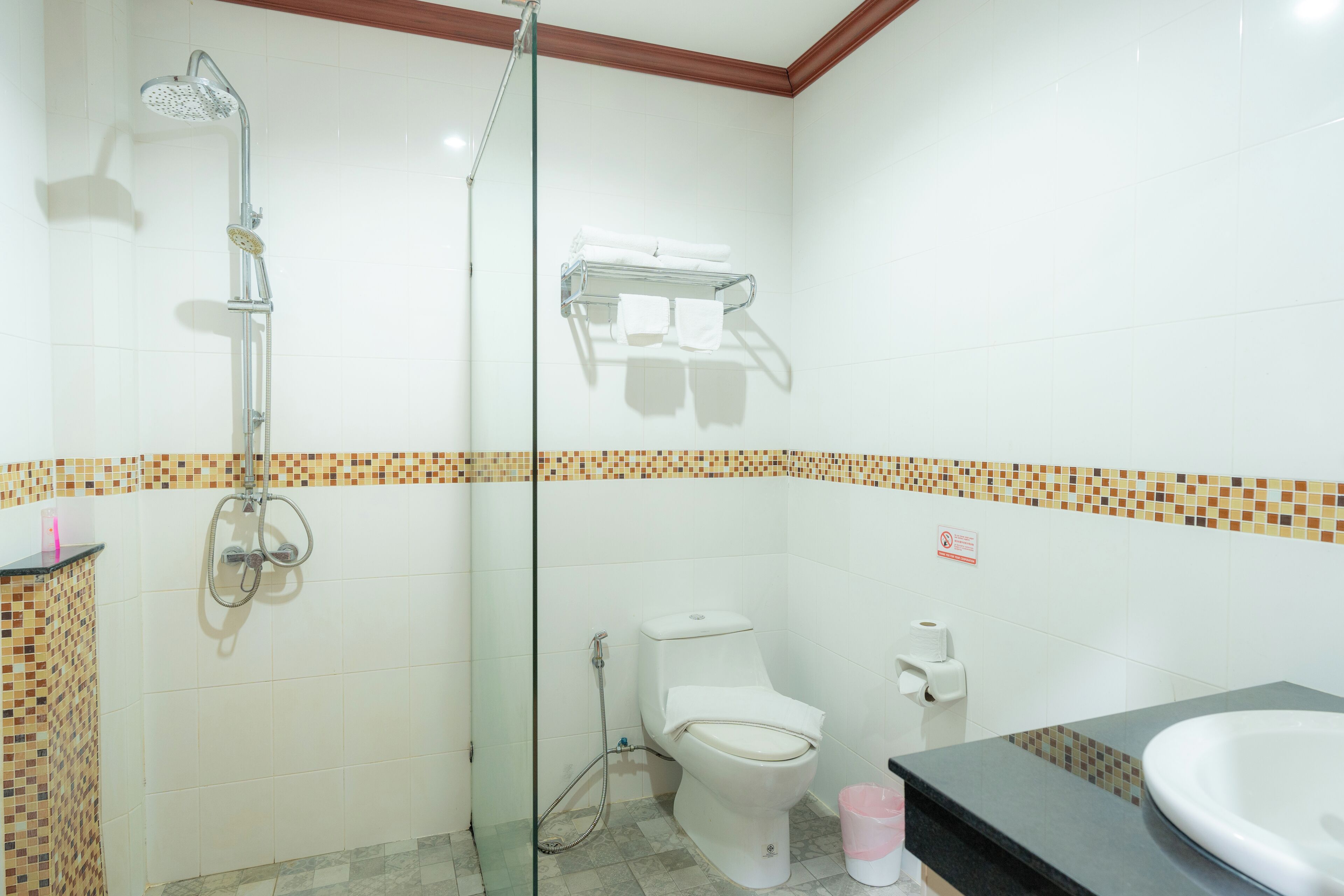 Un baño con ducha, inodoro y lavabo.
