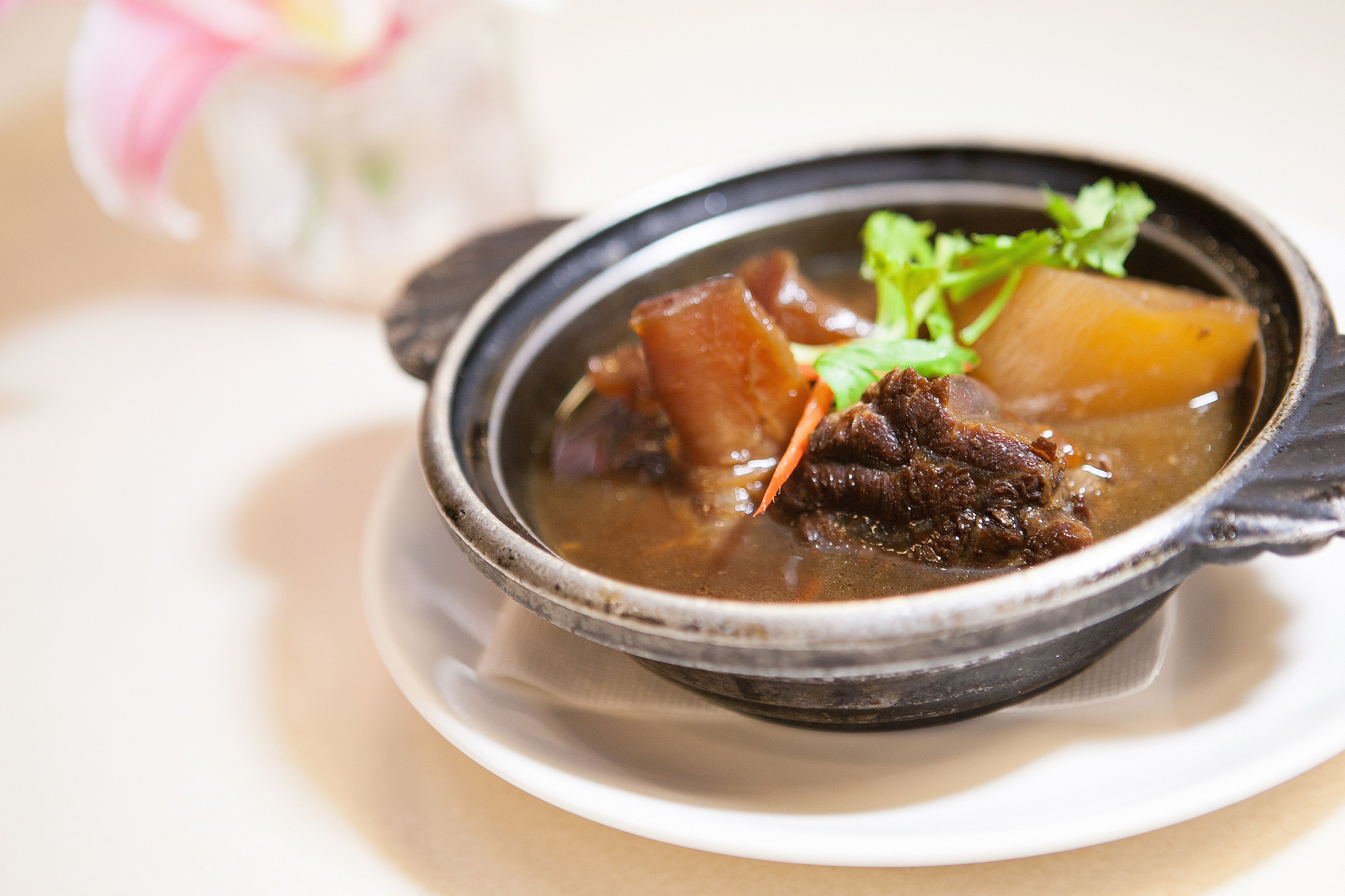 A bowl of stew with meat and vegetables, garnished with a leafy herb, served on a white plate.