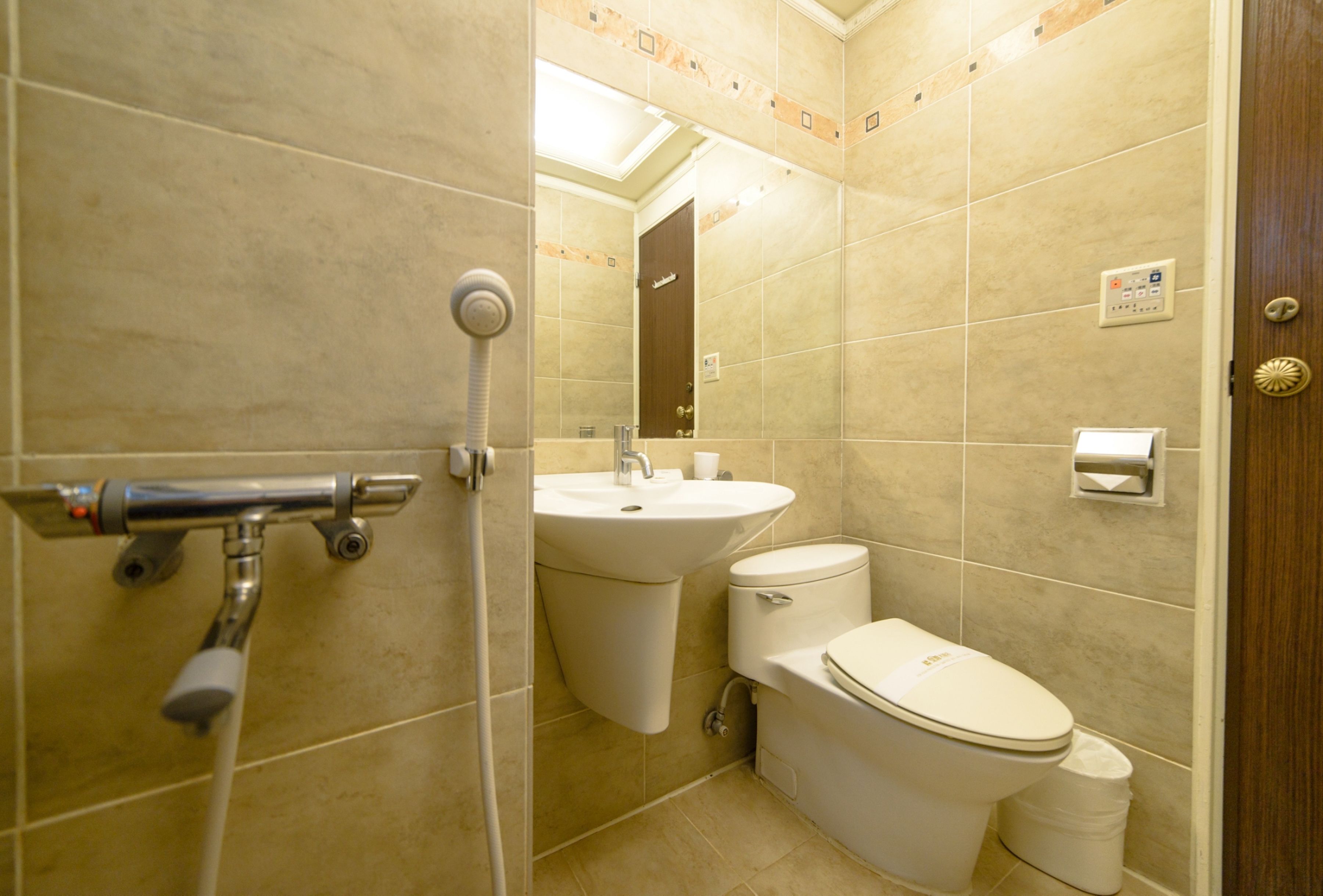 A bathroom with a shower, sink, toilet, and a mirror.
