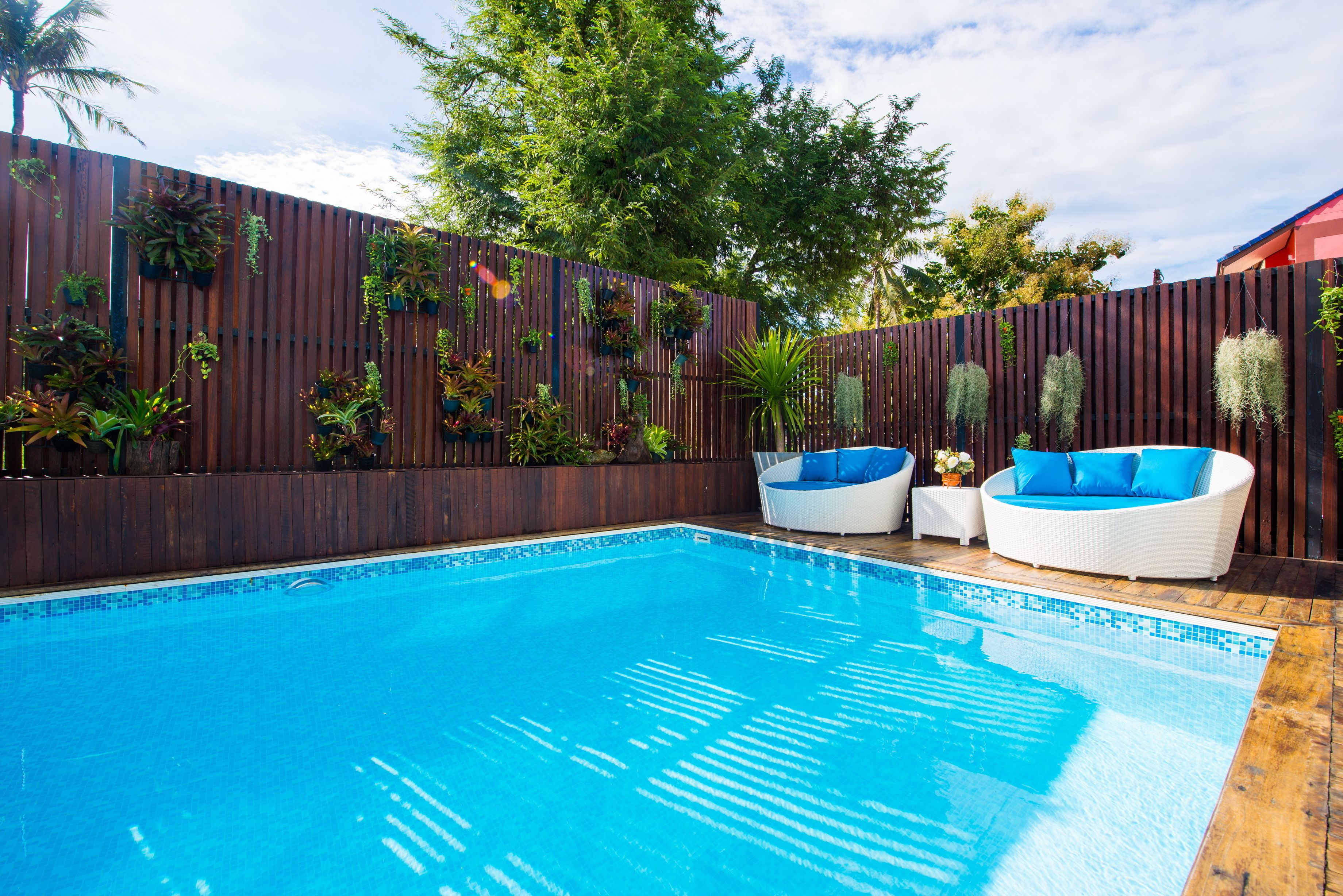 A swimming pool with two white wicker chairs with blue cushions, surrounded by a wooden fence with hanging plants.