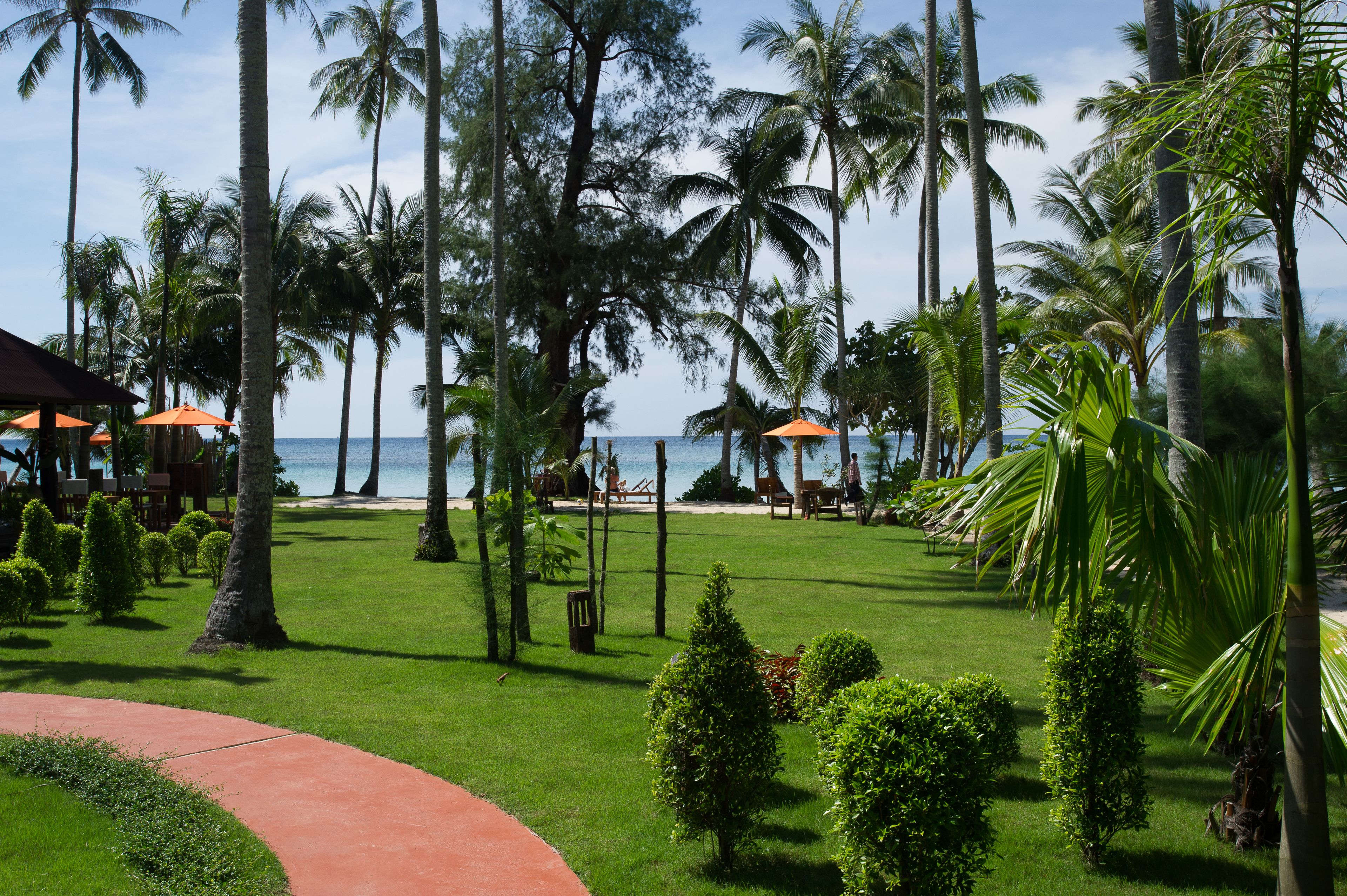 Un resort tropical con césped cuidado, palmeras y sombrillas de playa.
