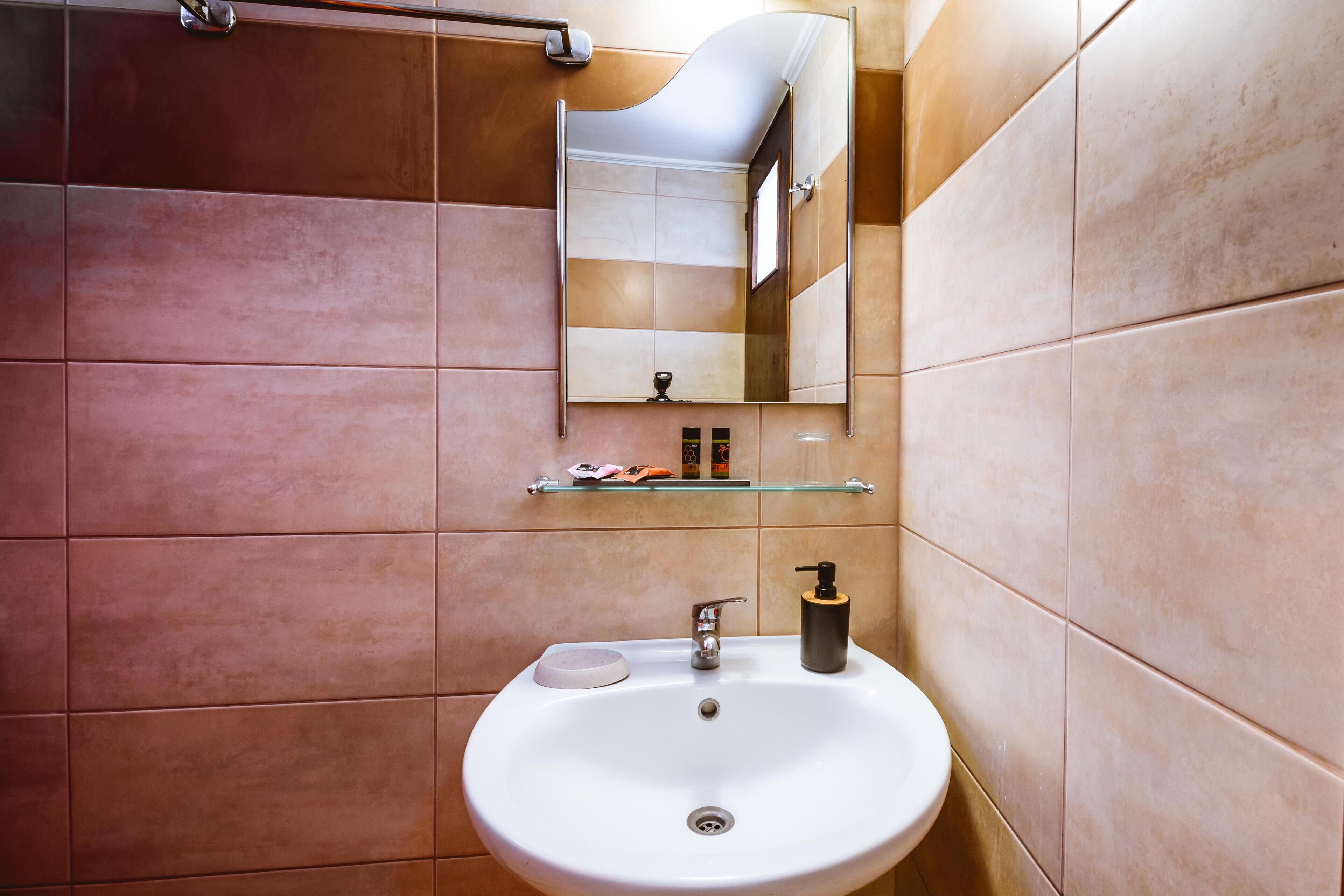 A bathroom with a white sink, a mirror, and a shelf with toiletries.