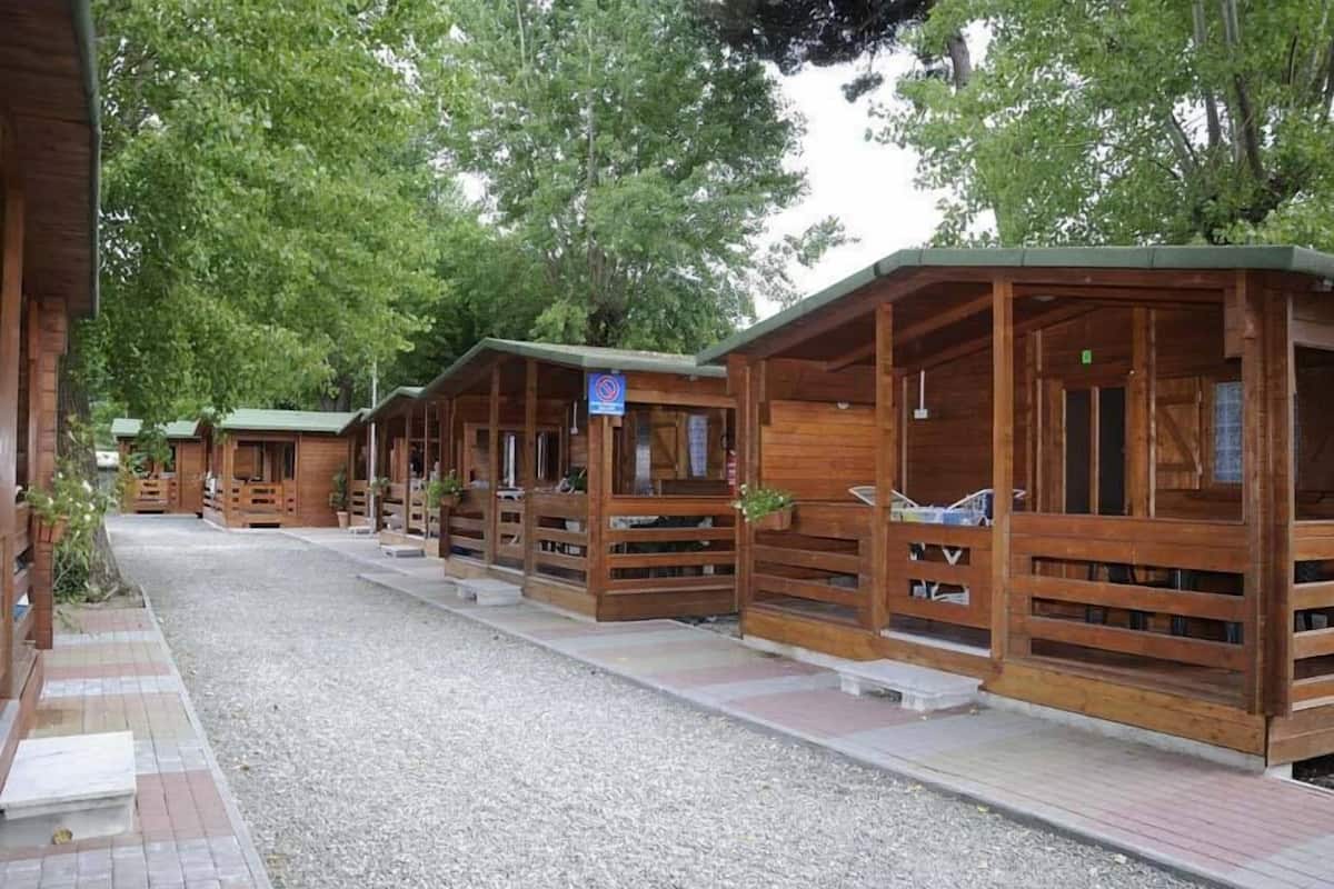 Una hilera de cabañas de madera con un camino de grava que las conduce, rodeadas de árboles.