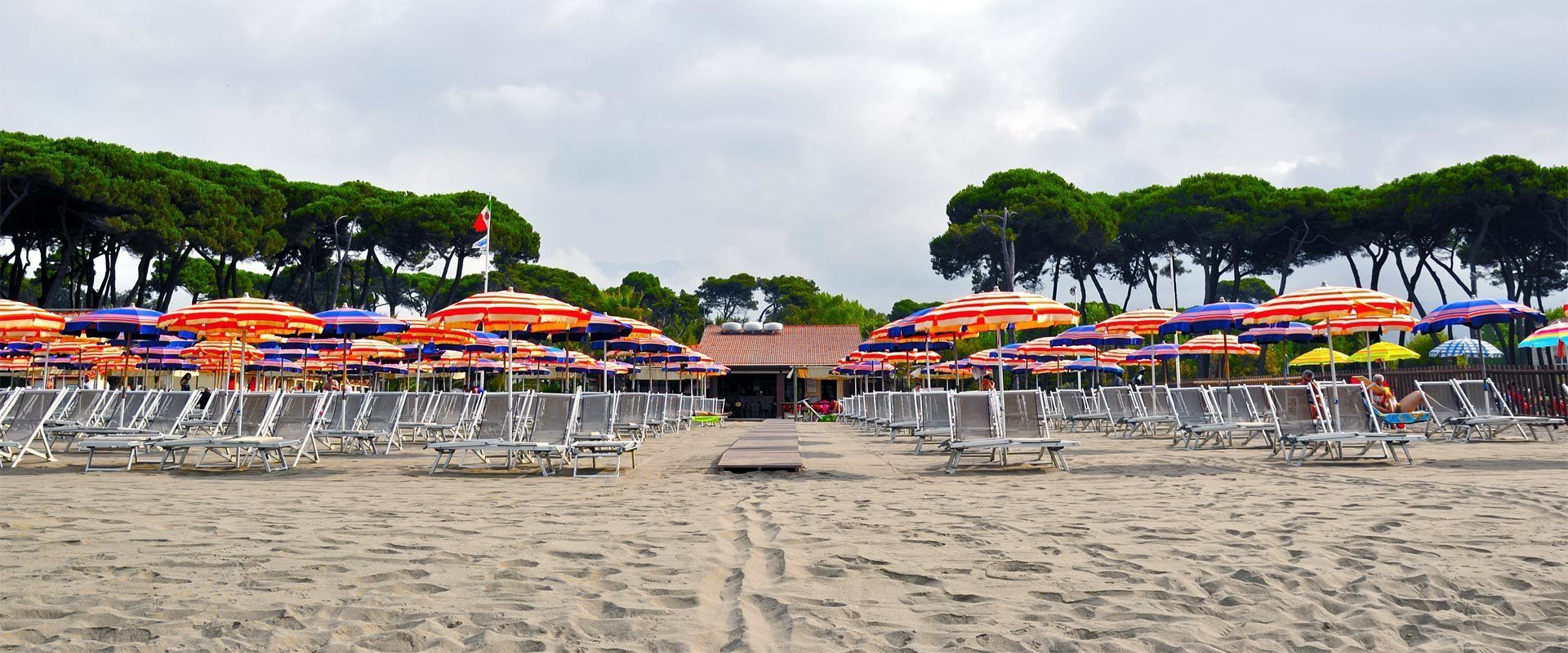 A beach with rows of sun loungers and colorful umbrellas.