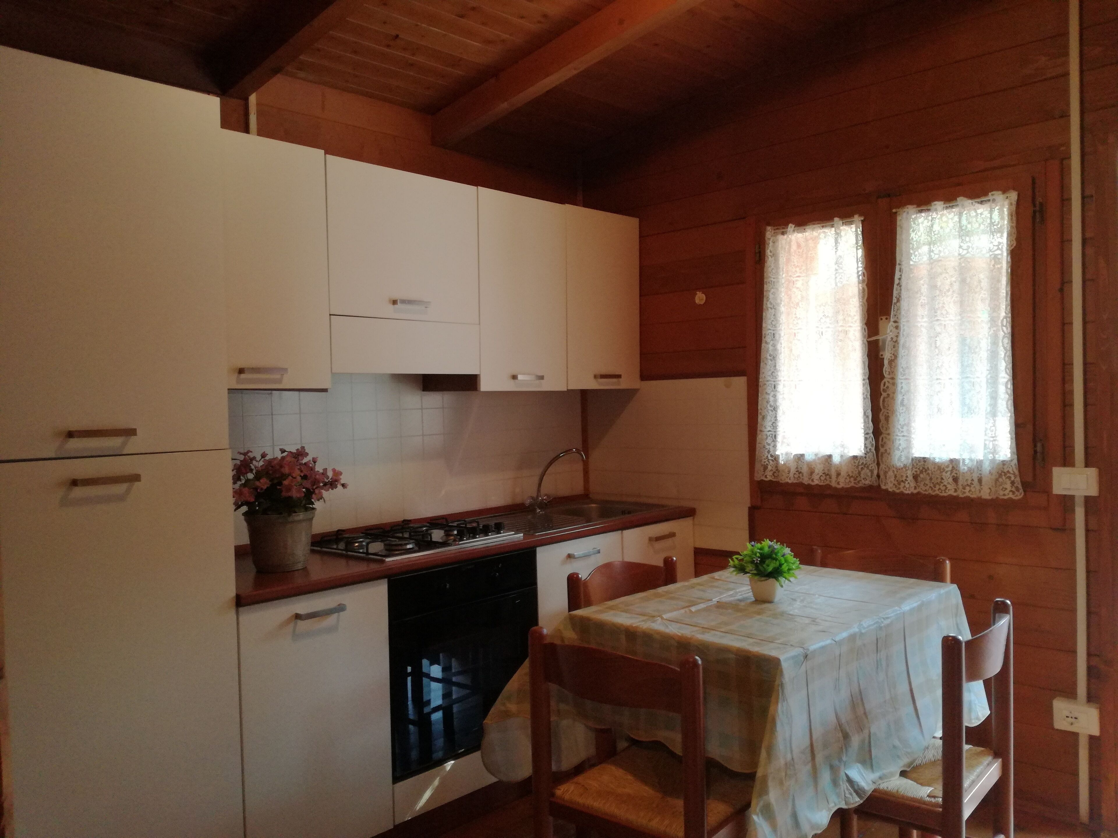 Cozinha compacta com armários brancos, fogão e lava-louças. Há uma mesa de jantar com cadeiras e um vaso de planta.