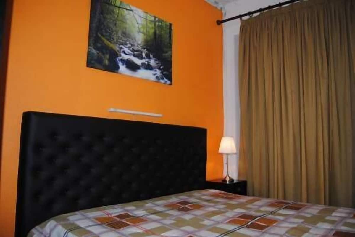 Slaapkamer met een oranje wand, een zwart hoofdbord, een bed met een geruit sprei, een schilderij van een bosbeek, en een lamp op een nachtkastje.