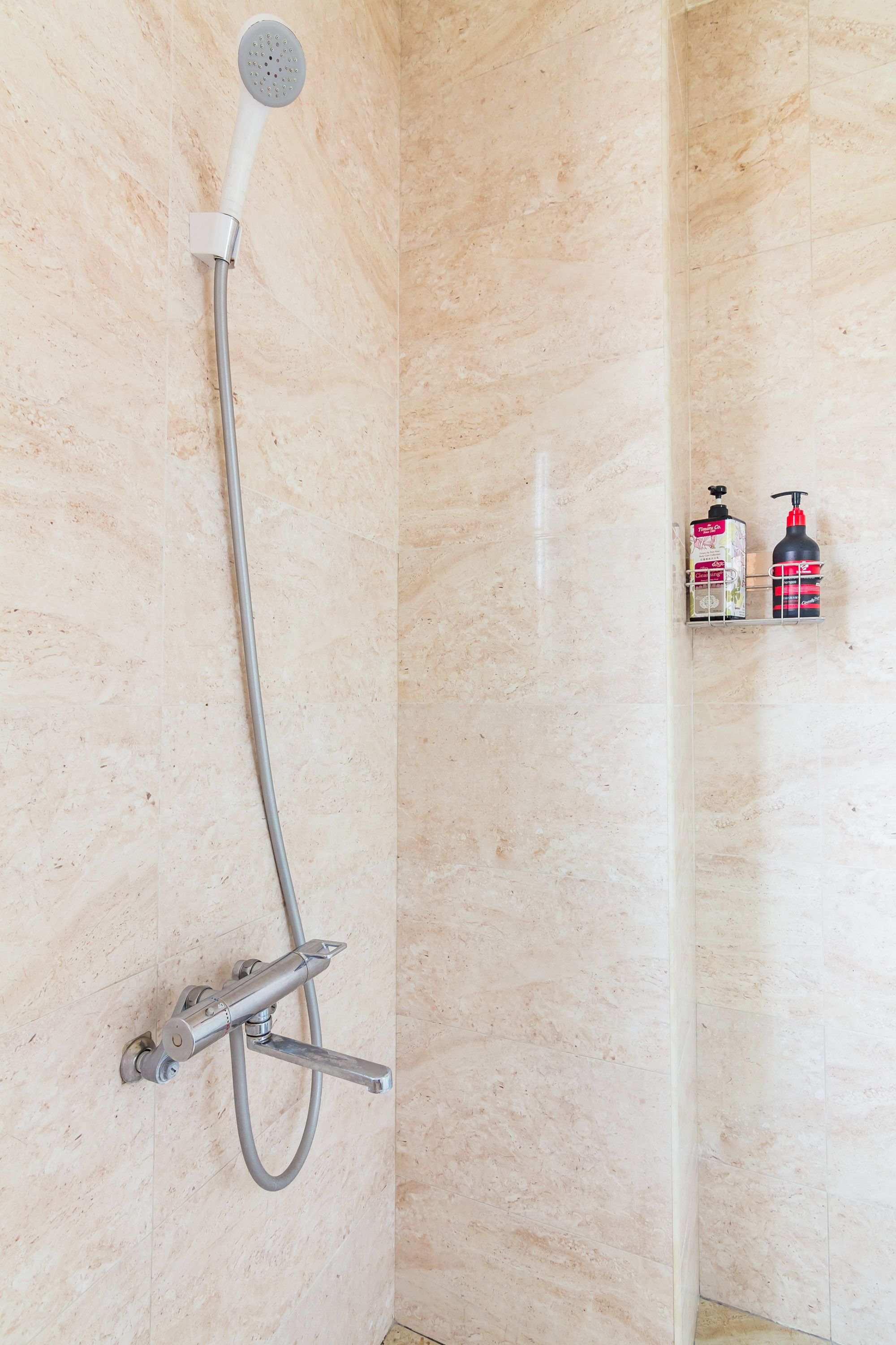 A bathroom with a shower, a handheld showerhead, a wall-mounted faucet, and two toiletry bottles on a shelf.