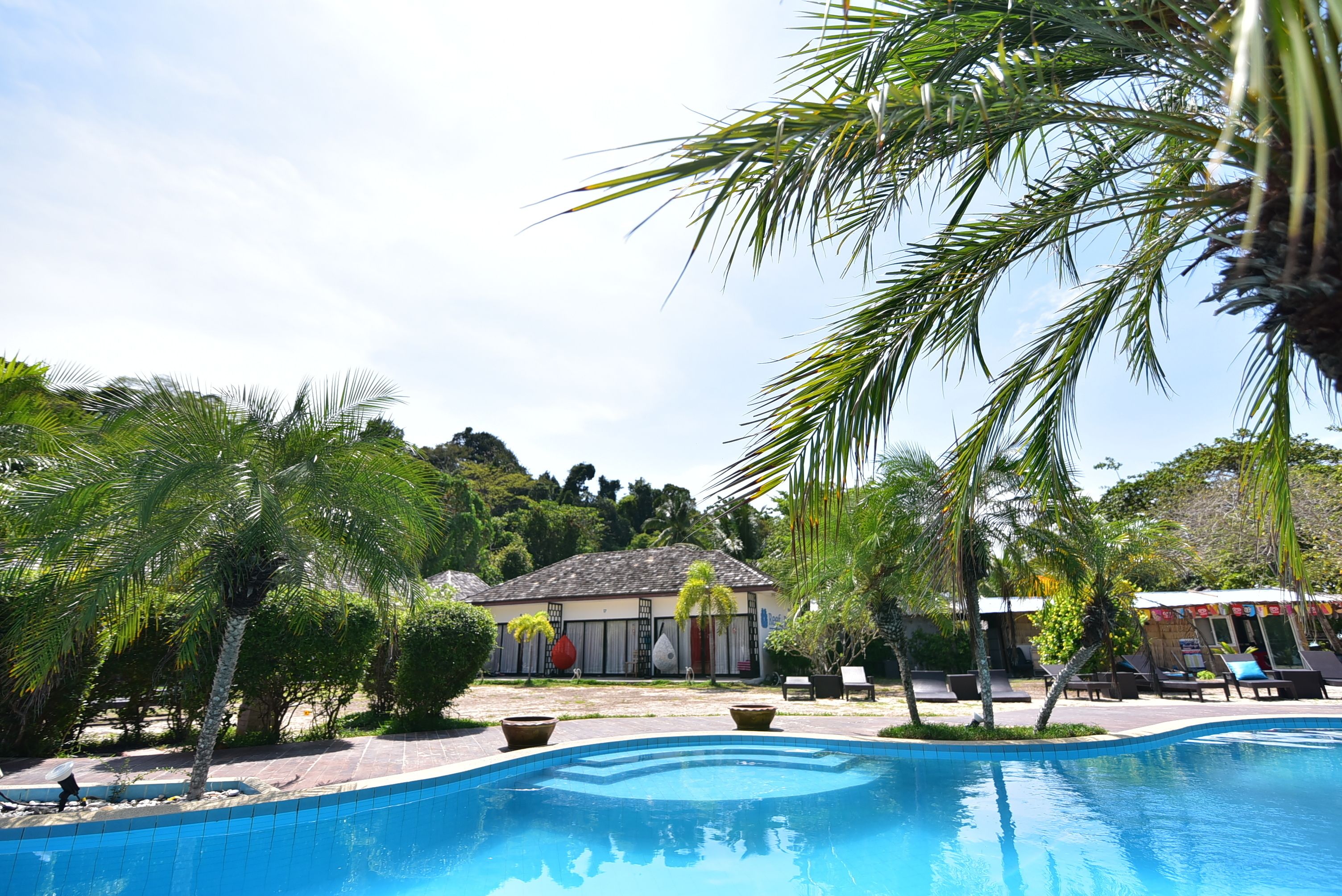 outdoor pool, pool loungers