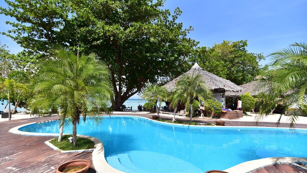 A swimming pool with a thatched-roof structure, surrounded by palm trees and wooden decking. - Reef Resort (Ko Kradan)