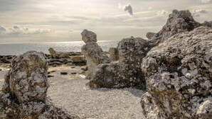 A rocky shoreline with large boulders and a calm sea in the background. - Pensionat Lövängen (Ljugarn)