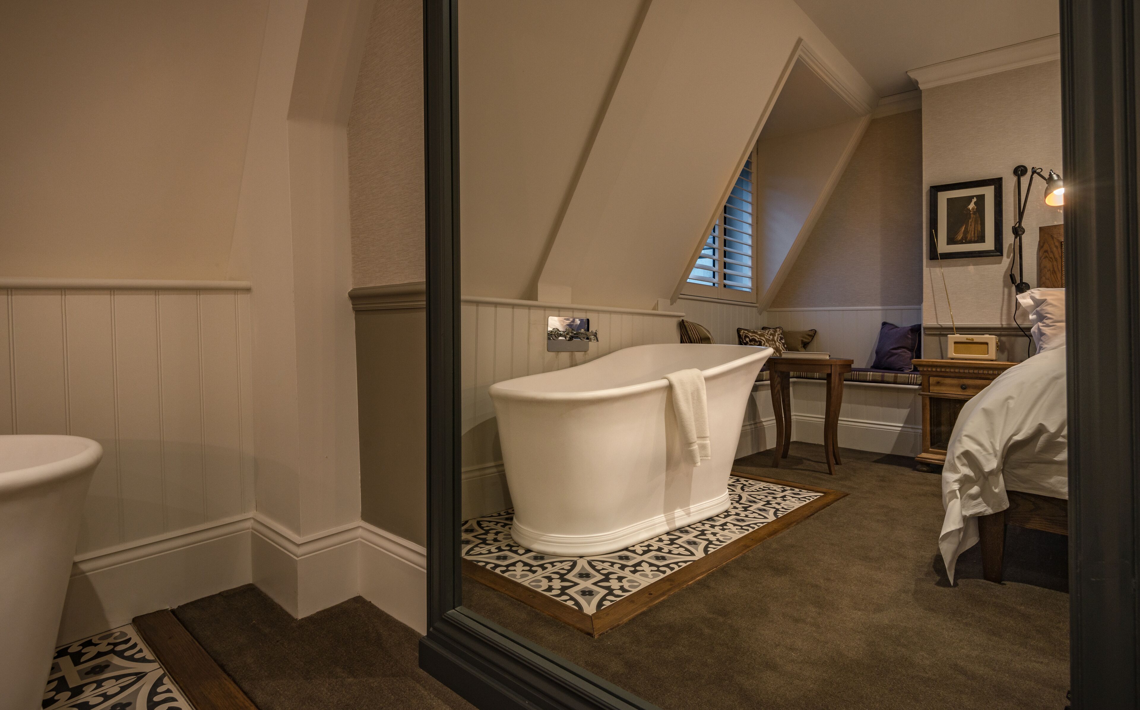 comfy room | bathroom | designer toiletries, hair dryer, bathrobes, towels