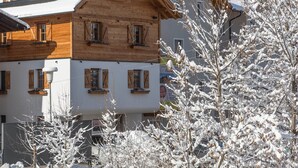 A wooden chalet with a sloped roof, multiple windows, and a view of snow-covered mountains. - Chalet Tyrolian Apartments - by Familiaris - Pools 500 meters (Valdaora)