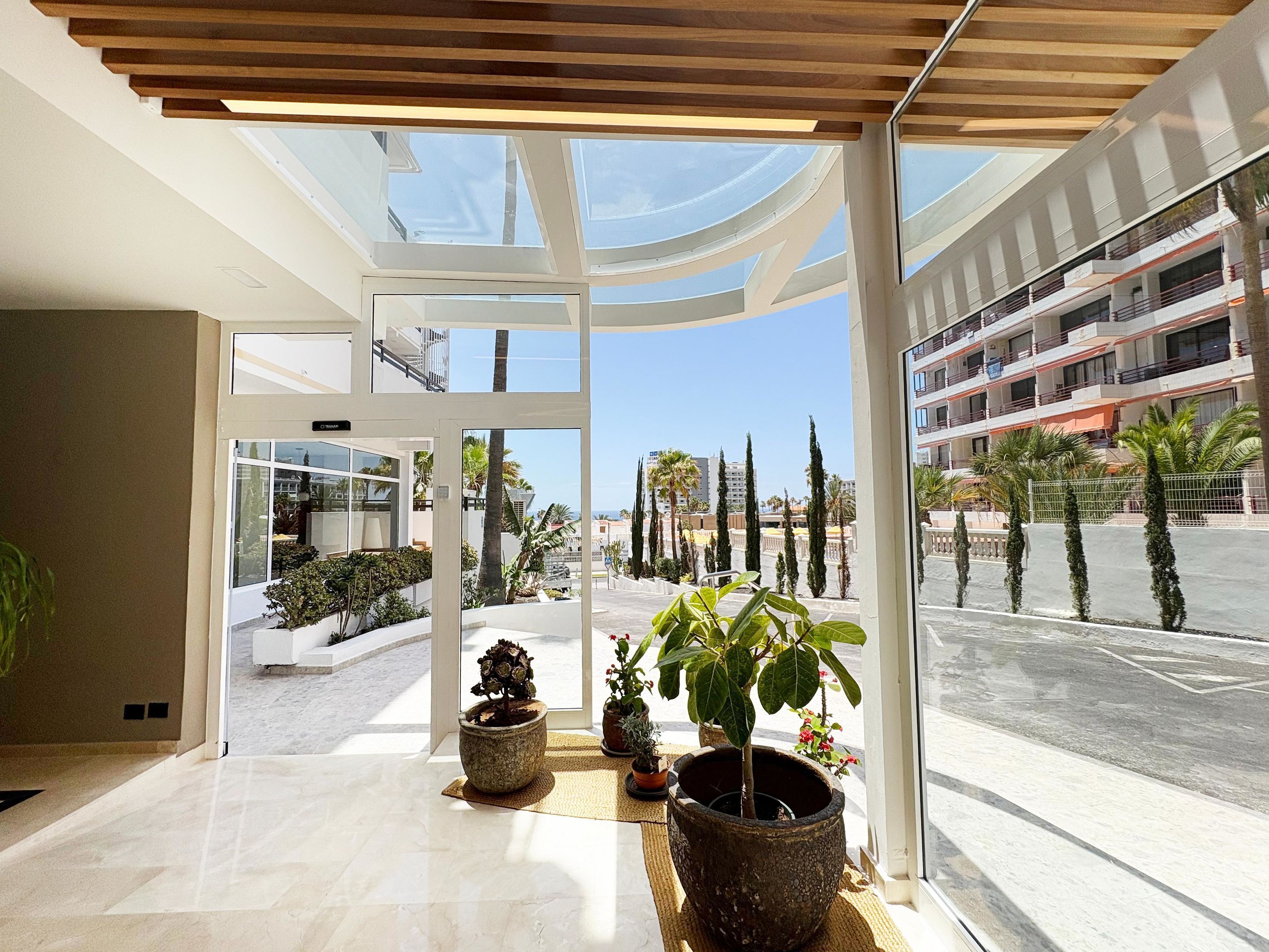 A modern hotel lobby with a glass entrance, potted plants, and a view of the street and buildings.