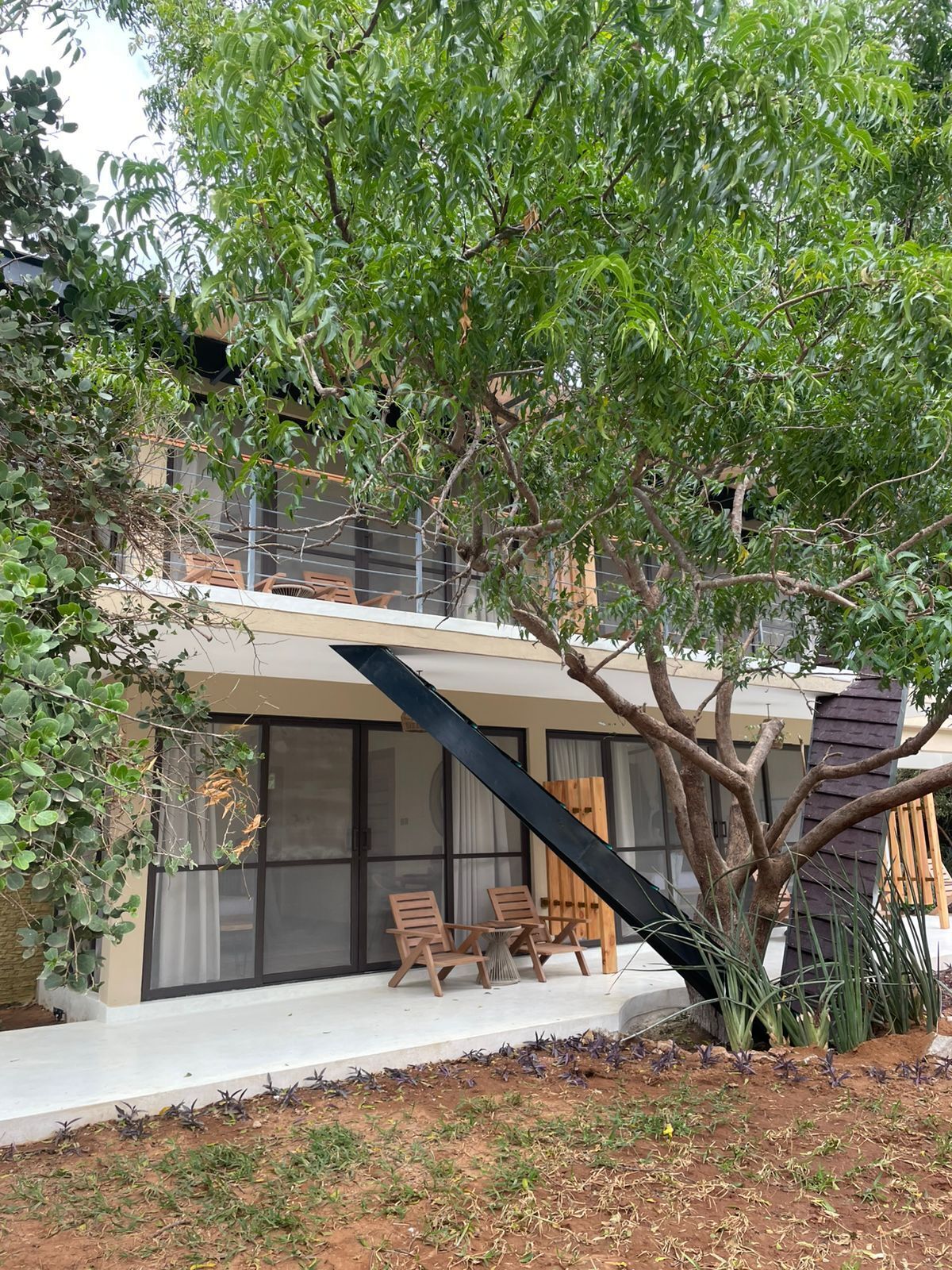 Une maison moderne avec un grand arbre devant, un patio couvert avec deux chaises et une vue sur les environs.