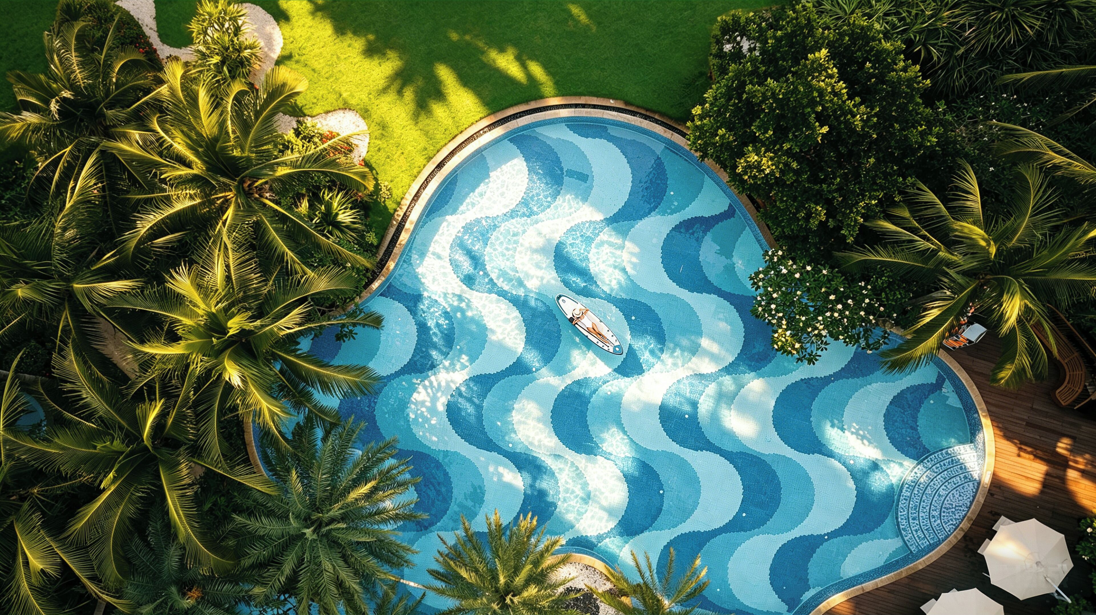 A swimming pool with a wavy pattern, surrounded by palm trees and greenery.