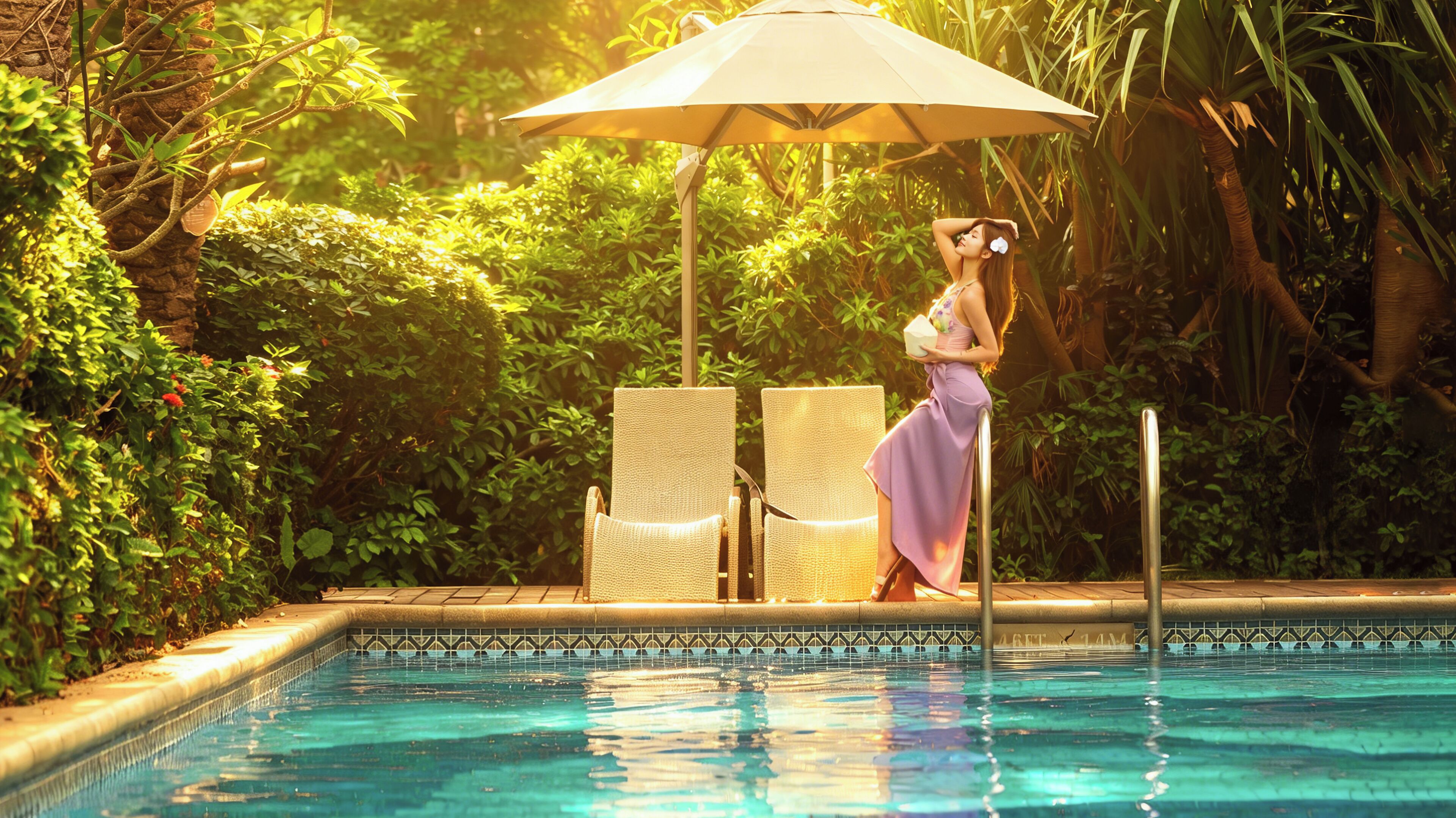 A pool area with lounge chairs and an umbrella.