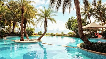2 outdoor pools, open 7:00 AM to 10:00 AM, pool loungers