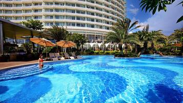 2 outdoor pools, open 7:00 AM to 10:00 AM, sun loungers