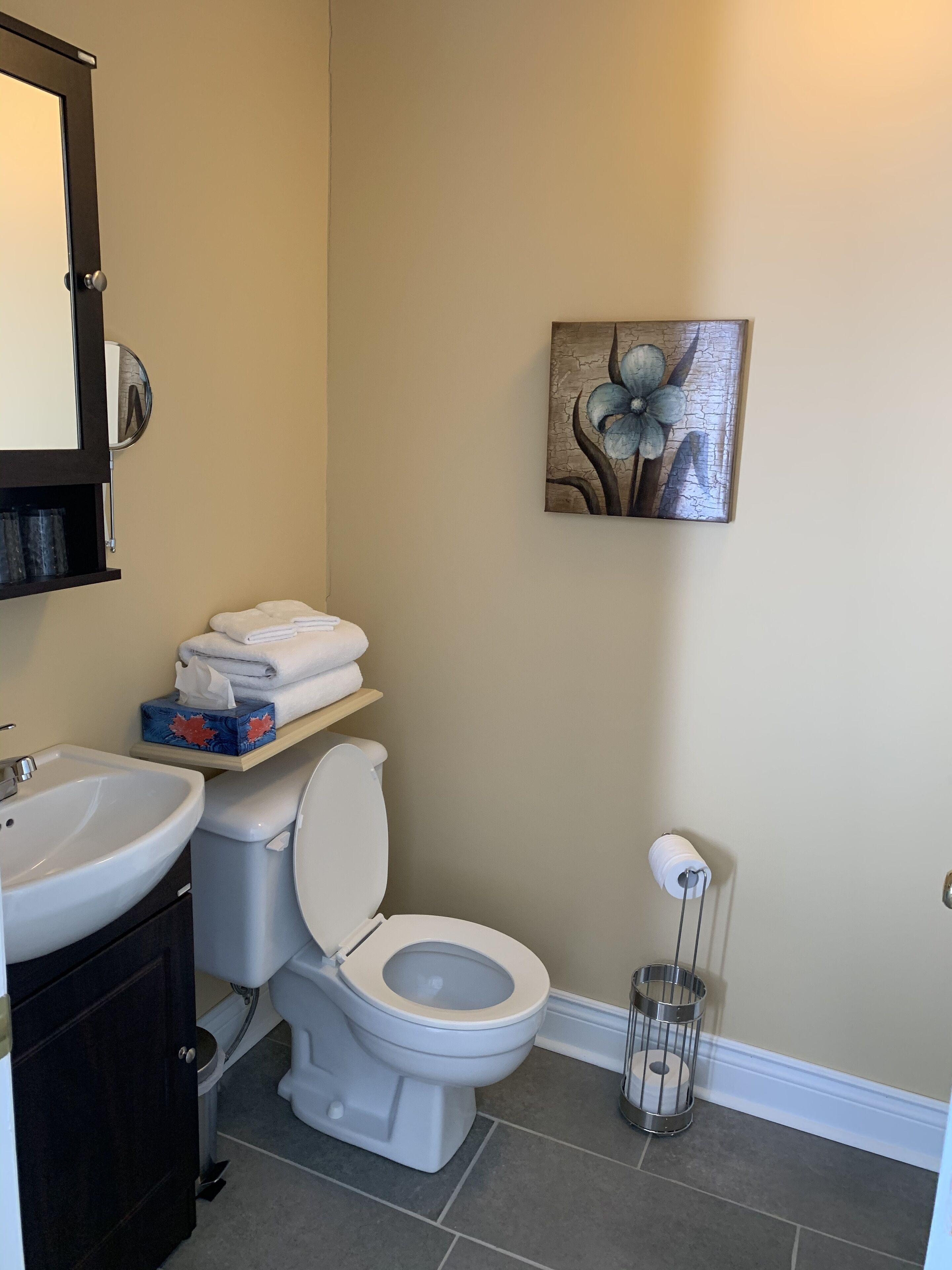 A bathroom with a toilet, sink, and a shelf with towels.