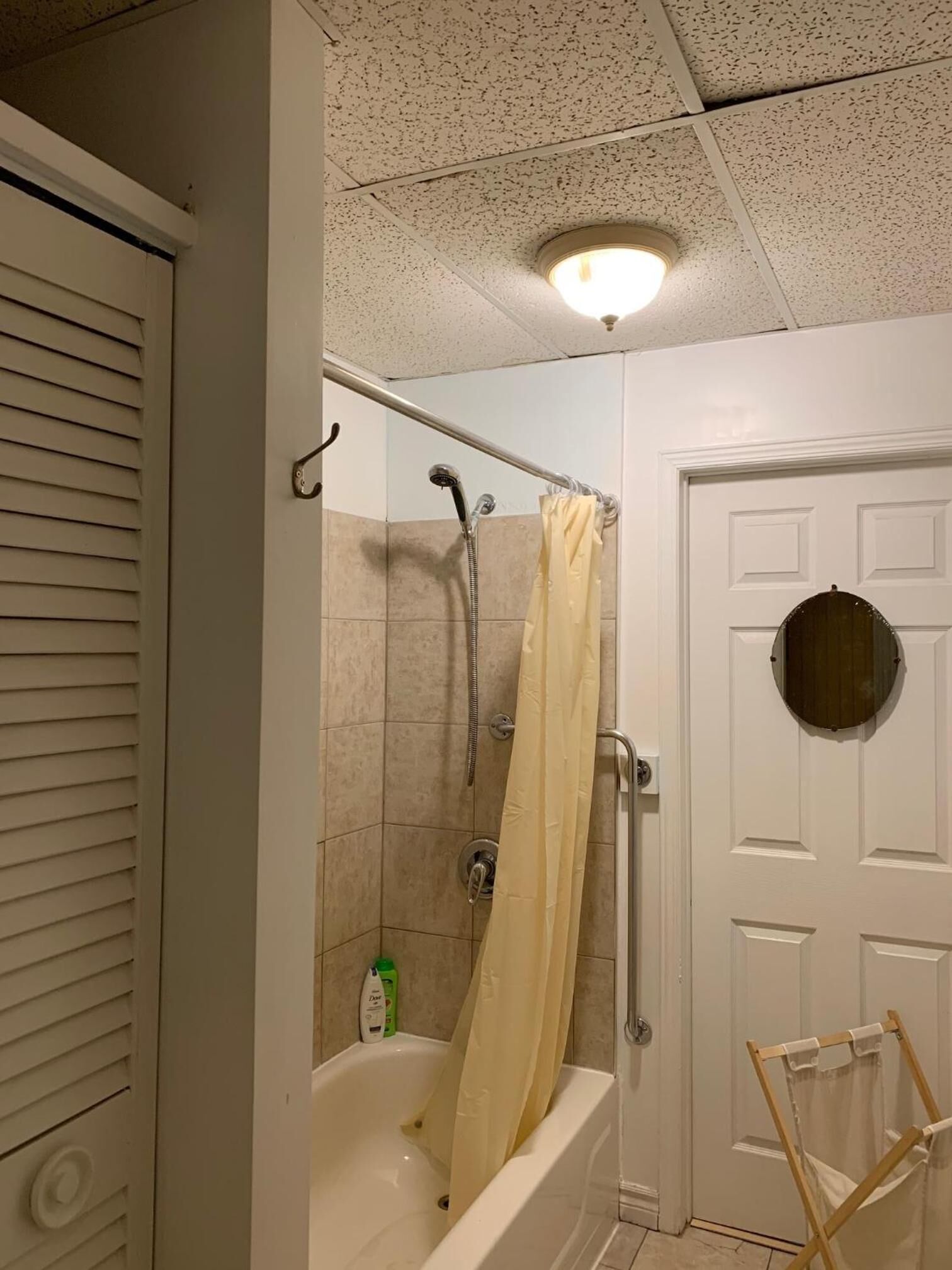 A bathroom with a shower, a bathtub, and a door with a circular cutout.