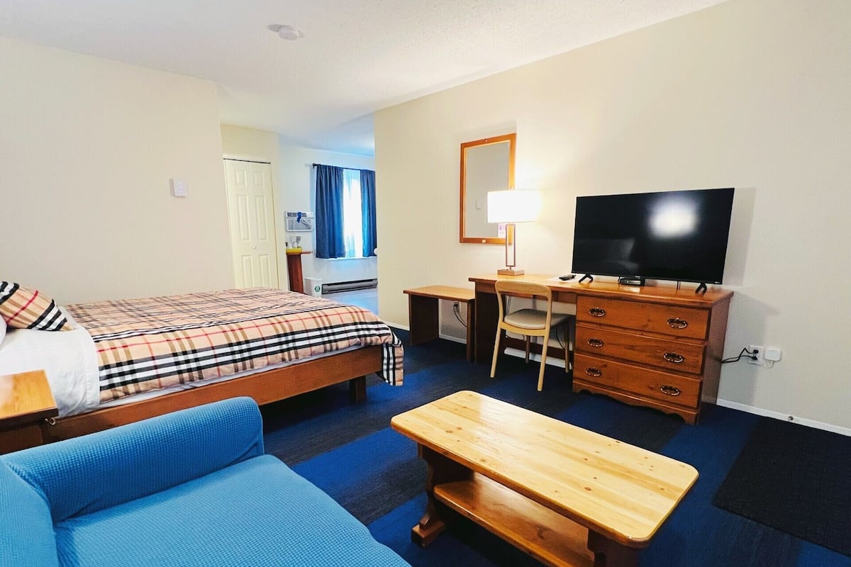 A hotel room with a bed, a desk, a television, a chair, and a sofa.