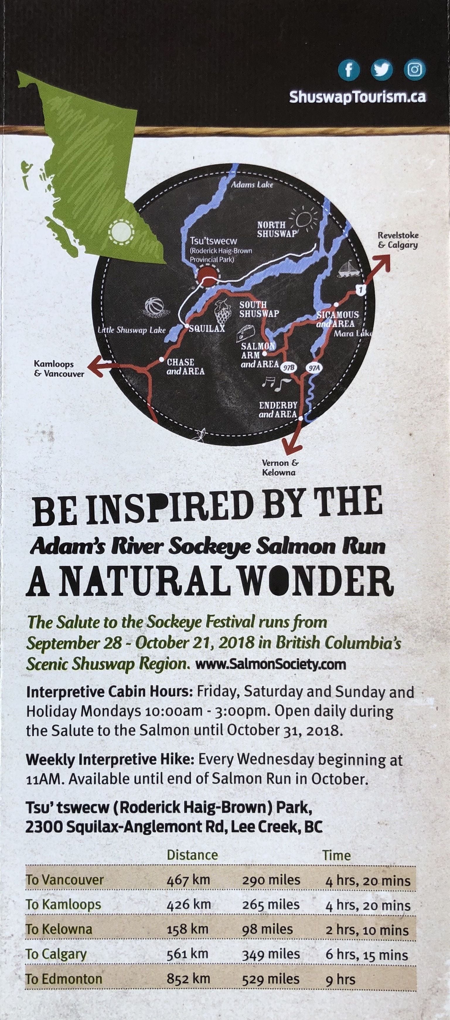 Mapa que destaca la ruta del salto del salmón Sockeye en el río Adams, Columbia Británica.