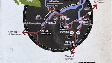 Mapa que destaca la ruta del salto del salmón Sockeye en el río Adams, Columbia Británica.
