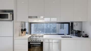 Fridge, microwave, espresso maker, electric kettle