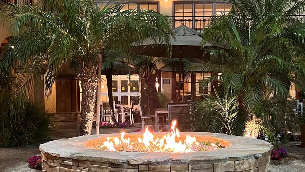 A stone fire pit surrounded by palm trees and chairs in an outdoor seating area.