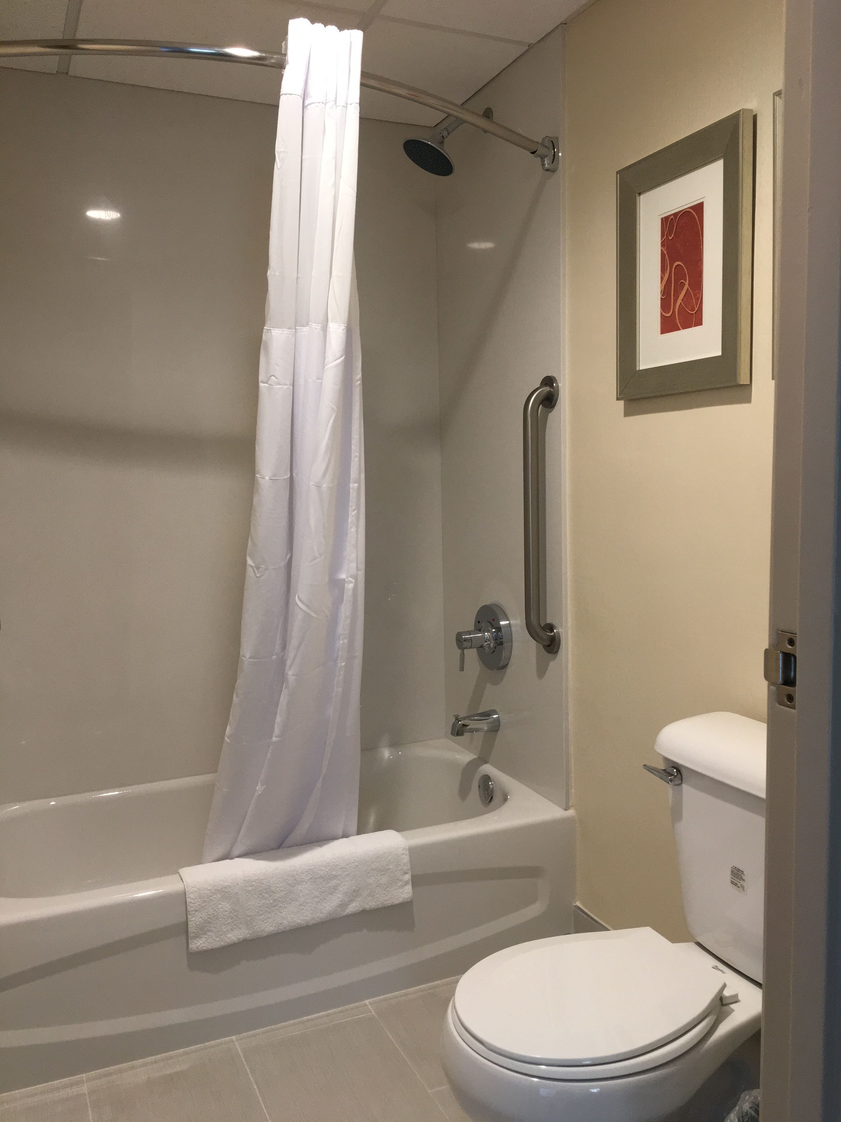 Een badkamer met een bad, toilet en douchegordijn.