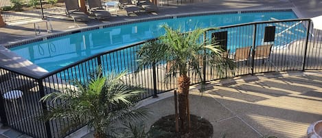 Uma piscina com um deck ao redor, palmeiras e espreguiçadeiras.
